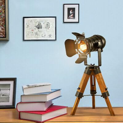 Lampada da terra a LED vintage Tripod lampada da studio in stile industriale Cinema con treppiede in legno, lampada da studio, lampada da soggiorno, 65 cm