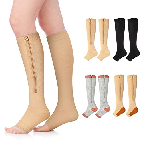 4 Pairs Zipper Compression Socks Women Open Toe Compression Support Socks Compression Socks with Zipper Toeless Compression Socks Nylon Socks for Women Men