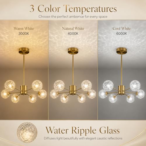 Image of Modern Gold Sputnik Chandelier,6-Light Clear Glass Globe Chandelier, Mid Century Pendant Light Fixture for Dining Room Kitchen Island Living Room Bedroom Entryway