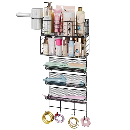 Wall-Mounted Hair Dryer Holder Styling Tool Organizer 5-Shelf Storage Wire Basket with Hook Heat Safe Rack for Hair-Straighteners,Curling Wands,Flat Iron,Perfume,Cabinet Door Bathroom Kitchen