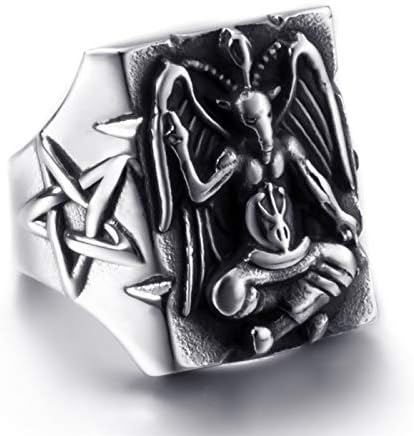 ELFASIO Stainless Steel Ring for Men Satanic Baphomet Goat Satan Demon Devil Leviathan Cross Pentagram Rings Symbol Vintage Jewelry Size 10