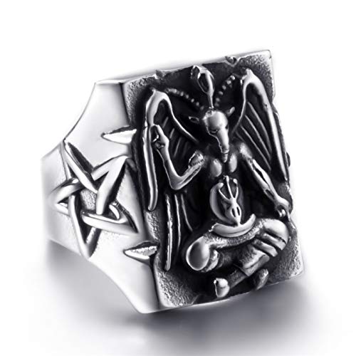 Elfasio Stainless Steel Ring for Men Satanic Baphomet Goat Satan Demon Devil Leviathan Cross Pentagram Rings Symbol Vintage Jewelry Size 13
