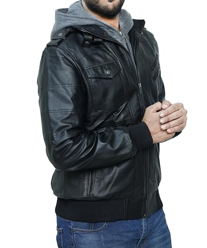 Hooded Leather Motorcycle Jacket Men - Bomber Leather Jackets For Men with Removable Hood2
