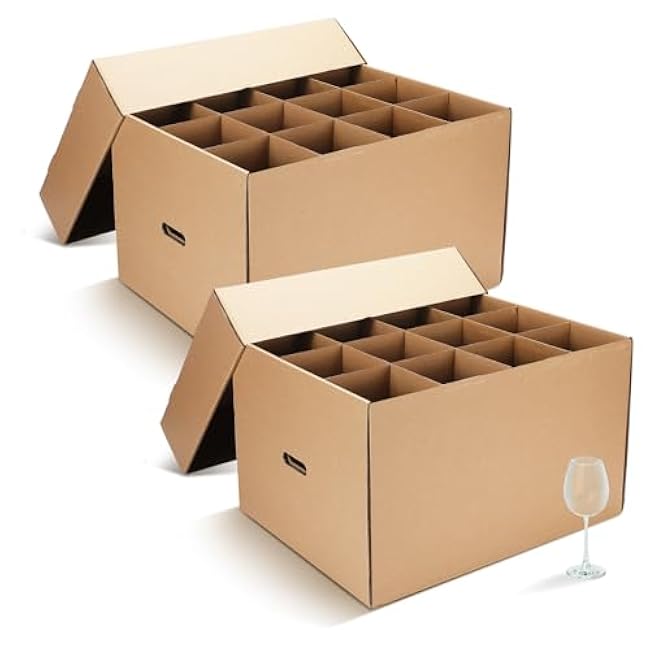 2 Pack Wine Glass Moving Boxes Kitchen Moving Boxes with Handle Kitchen Kit with Lid for Dish Glassware (20 x 15 x 12 Inch,Brown)