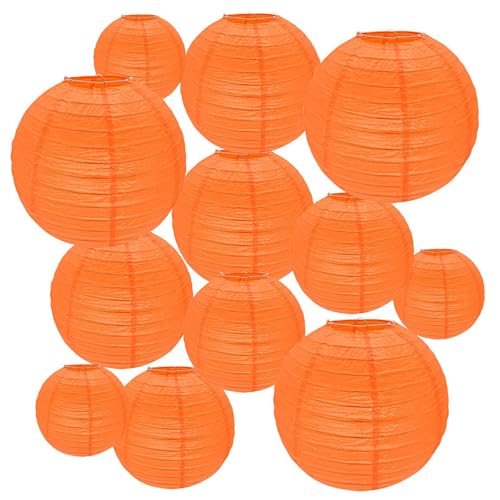 Peywot 12Pcs Round Paper Lanterns Assorted Sizes (6' 8' 10' 12') for Home Decor, Restaurant, Church, Wedding, Birthday Party Decorations, Hanging Chinese Japanese Paper Lantern Lamps (Orange)