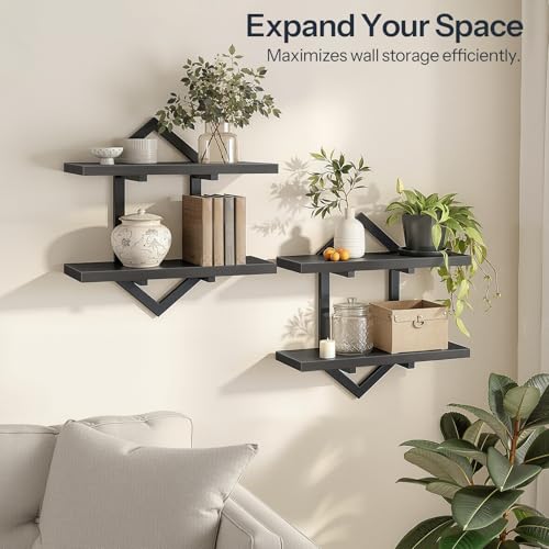 Image of HOOBRO Floating Shelves, 15 Inch Wall Shelf Set of 2, Wall Mounted Storage Shelves 2-Tier, Hanging Bathroom Shelves, for Living Room, Bedroom, Bathroom, Kitchen, Black BB13BJP201