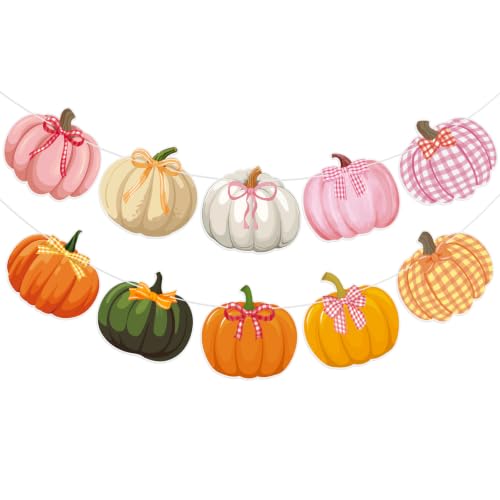 Image of Bow Pumpkin Banner Fall Thanksgiving Pumpkin Party Banner Garland Sign | Orange Pink Fall Autumn Birthday Party Thanksgiving Home Fireplace Mantel Decor