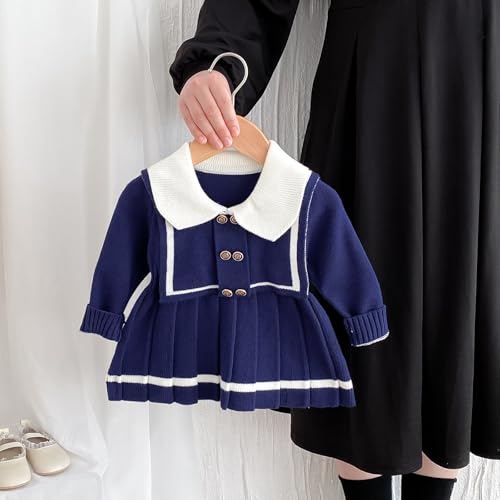 Toddler Girl Navy Collar Knit Dress Autumn Winter Outfit2