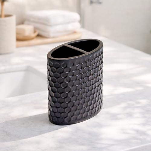 Image of MARKET 99 Black Diamond Cut Toothbrush Holder | Matte Black Polyresin Bathroom Organizer | Oval Toothbrush Stand for Bathroom Vanity, Wash Basin & Dental Accessories
