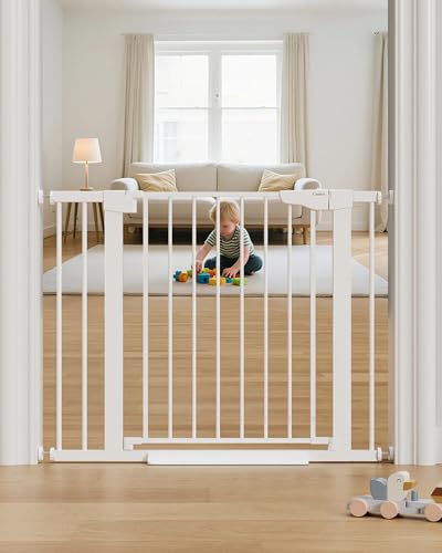 Cumbor 29.7-40.6' Baby Gate for Stairs, Mom's Choice Awards Winner-Dog Gate for Doorways, Pressure Mounted Auto-Close Pet Gates for Dogs Indoor, Safety Child Gate with Easy Walk Thru Door, White
