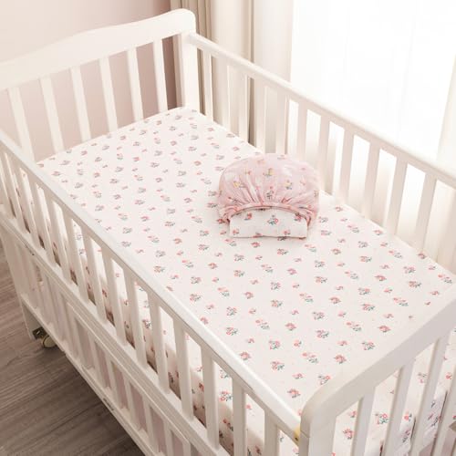 Image of david's kids Muslin Crib Sheets for Girls, 2 Pack 100% Cotton Soft Breathable Fitted Baby Sheet Set, Standard 52 inchx28 inch Crib and Toddler Mattress, Rabbit