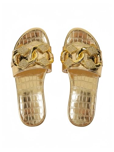 OYOANGLE Womens Gold Chain Crocodile Embossed Sandals Dressy Metallic Flats Open Toe Slides Gold 7.5
