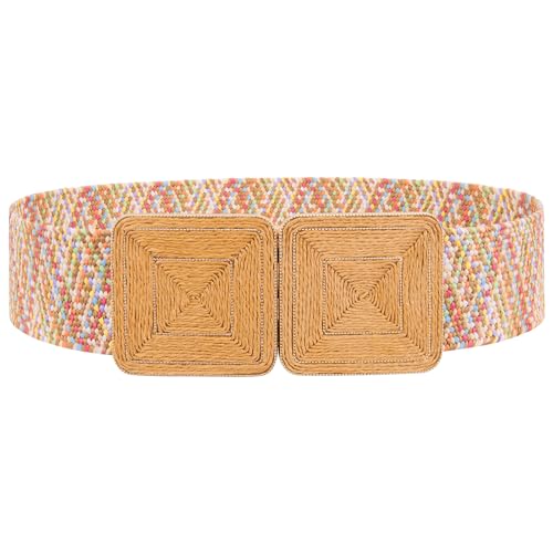 WHIPPY Straw Woven Elastic Belt for Women Fashion Boho Raffia Ladies Belt Braided Wide Stretch Waistband for Dress