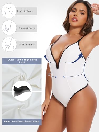 Image of SHAPERIN Bodysuit for Women Shapewear Tummy Control Deep V Neck Plunge Sleeveless Backless Thong Body Suit Tank Top