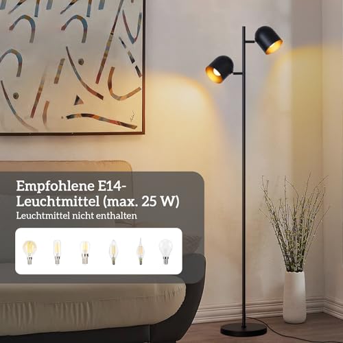 Kowanie Stehlampe Vintage Wohnzimmer Stehleuchte retro: Industrial Standleuchte 2 Flammig in Schwarz Gold Standlampe aus Metall E14 Schwenkbar 350° Leselampe für Schlafzimmer - Ohne Leuchtmittel