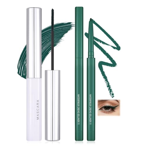 Prreal Green Mascara and Eyeliner Pencil Set 4D Fiber Colorful Charming Wateproof Mascara Lengthening Volumizing Party Stage and Halloween For Women Makeup 02