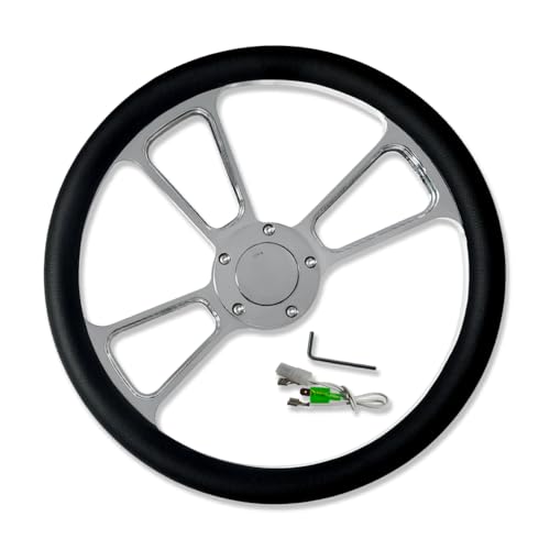 IMOOA Chrome 14 Billet Aluminum 5 Holes Steering Wheel Split Tri Spoke Style with Black Leather Half Wrap & Horn Button