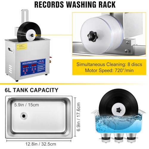 Pulitore a ultrasuoni per 8 LP, rotazione automatica a doppio lato, timer 40 kHz per vinile da 7-12 pollici, rimozione della polvere a scanalatura profonda, strumento di manutenzione audio domestico
