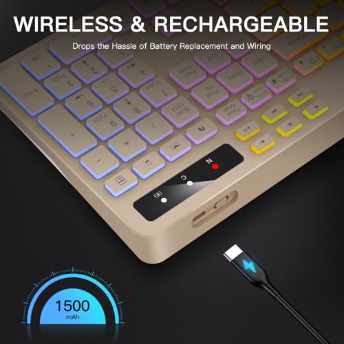 Image of Soueto Wireless Keyboard with 7-Color RGB Backlit, Full-Size Computer Keyboard with Phone Tablet Holder, 2.4G Rechargeable Gaming Keyboard with Light Up Keys, Compatible with Mac, Windows (Latte)