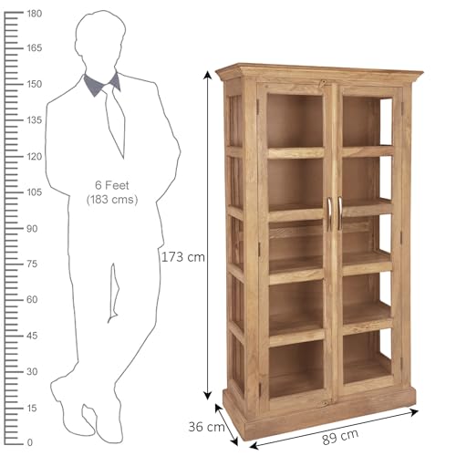 Image of The Attic Havenwood Wooden Bookshelf and Crockery Cabinet with Glass Door | Wooden Book Rack for Home Library, Study Room | Bookshelf Crockery Unit for Home & Kitchen Living Room | Natural Finish