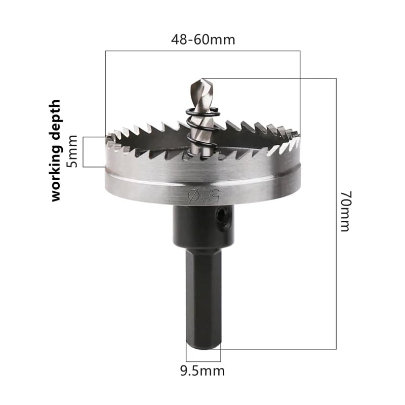 1個 12-60mm HSS-4341 ホールソー 六角シャンク付き 高速鋼ドリルビットセット 薄金属ステンレス用(60mm)