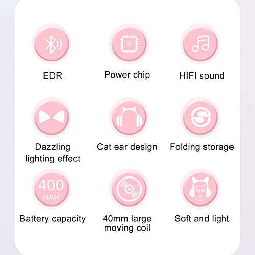 Pomya YYOYY Earphone, Cat Ear Appearance Kids Headset, Bluetooth 5.0 Glowing Music Headphone, Foldable Kids Headphone Supports MP3, WAV Format (and White)