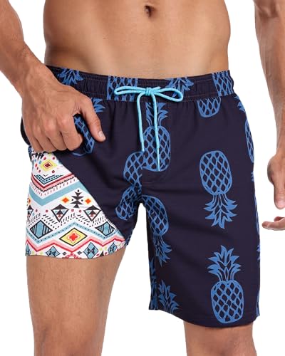 Image of Mens Swim Trunks with Compression Liner 2 in 1 Quick Dry Swimming Shorts Swimwear Bathing Suits with Pockets