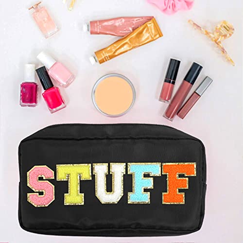 Dyshayen Nylon Cosmetic Bag Preppy Makeup Stuff Bag For Women Girls Travel Toiletry Organizer With Chenille Letter Patches (Black-Stuff) #TOP1