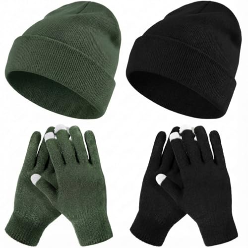 Tivi Tovo 4 Pcs Winter Knit Beanie Hat and Touchscreen Gloves Set for Women Men Warm Acrylic Cap and Gloves Set(Black, Green,Knit)