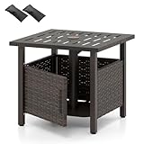 RELAX4LIFE Wicker Outdoor Side Table - Rattan Square Patio End Table with 1.93’’ Umbrella Hole, 2 Weighted Sand Bags & Rustproof Frame, Outside Umbrella Stand for Garden Deck Porch Poolside Backyard