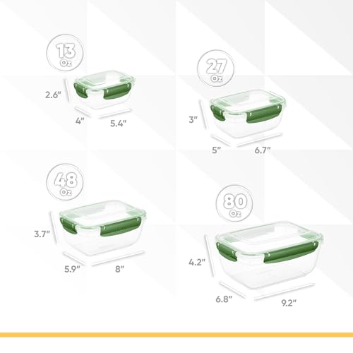 Image of Superio Plastic Airtight Food Storage Containers, Set of 4 Sealed Clear Container Bowls with Lids, BPA Free, Rectangular, Green