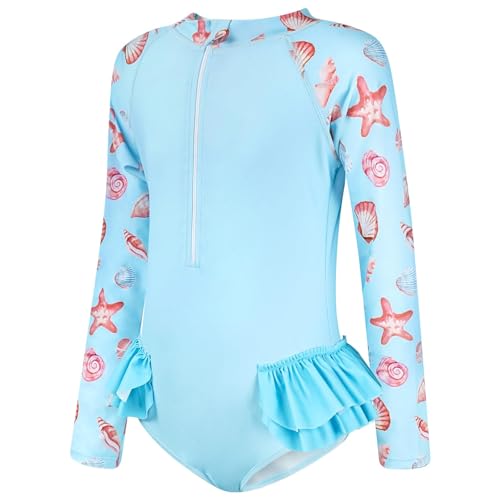 JiAmy Traje de Baño de Manga Larga para Niñas con Protección Solar, Bañador Entero con Cremallera Delantera, Ropa de Playa para Niñas 3-12 Años