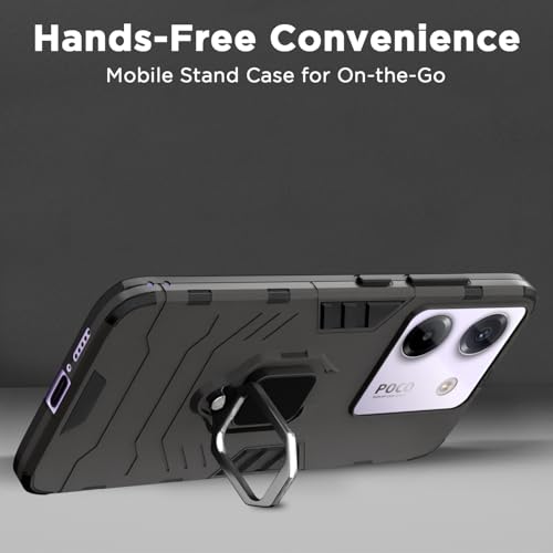 Image of Pikkme Back Cover for Poco M7 Pro 5G | 360 Protection Case | Ring Holder Stand D5 Tough Armor Bumper Case (Black)