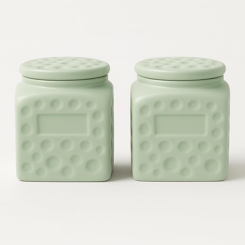 Ceramic Storage Jar with Airtight Lid 500ml | Kitchen Multi-Utility Snacks Jars & Containers for Sugar, Tea, Coffee, Spices | Microwave, Dishwasher Safe (Green, Set of 2)