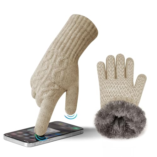 MAGISDU Alpaka Handschuhe Damen Fleece Doppelfutter & Touchscreen - Thermo Winterhandschuhe mit Anti-Rutsch und elegantem Zopfmuster-Jacquard Ski Scooter Auto Laufen Gassi...