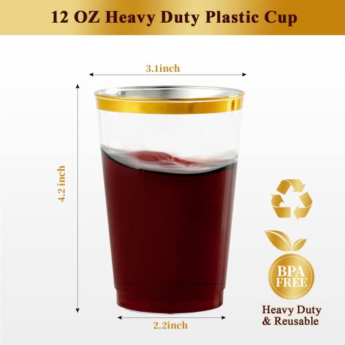 image for Vplus 150 Pack 12 OZ Reusable Gold Rimmed Clear Plastic Cups, Disposab