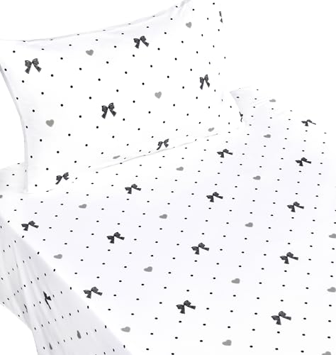 Image of Scientific Sleep Lace Bow Romantic Bowknot Black Dot 100% Cotton 3 Pcs Twin Bed Sheet Set Kids Boys Girls Teen, Flat Sheet & Fitted Sheet & Pillowcase Child Bedding Set (Bow, Twin)