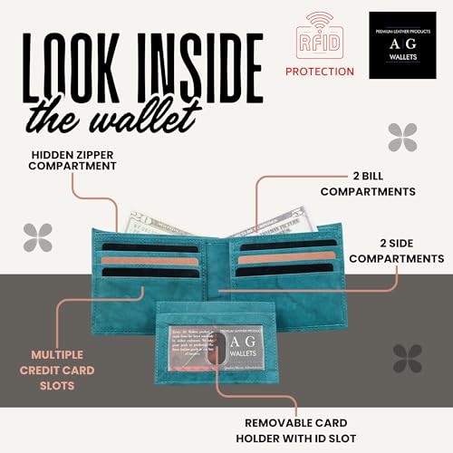 Image of AG Wallets Leather Wallet for Men - Sliding 2-in-1 Bifold Wallet with Removable Card Holder & RFID Protection - Premium Travel Wallet - Versatile & Functional Design - Peacock Blue