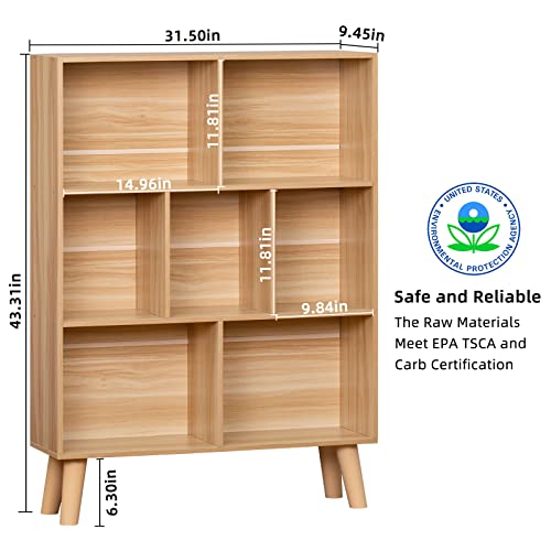 Leyaoyao Wooden 7 Cube Book Shelf, Natural 3 Tier Bookshelf With Legs, Modern Open Storage Organizer,Boho Bookcase,Display Cabinet Shelf Free Standing Bookshelves For Bedroom,Living Room,Office #TOP1