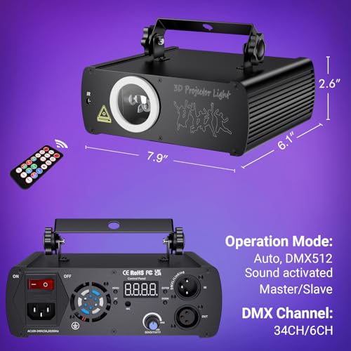 KeoBin DJ Laser Lights for Party, Professional 3D Animation RGB Laser Show Projector, DMX512 Music Sound Activated Stage Light with Remote Control for Indoor Club Disco Home Birthday