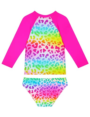 Image of Snowheart Girls Swimsuit Size 4t 5t Rainbow Leopard Two Pieces Long Sleeves Swimwear Set
