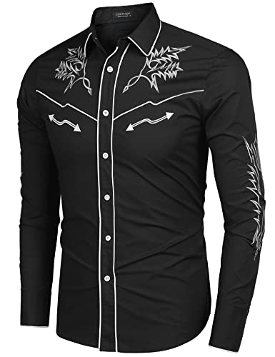 COOFANDY Men's Western Cowboy Shirt Long Sleeve Embroidered Shirt Slim Fit Cotton Casual Button Down Shirt3