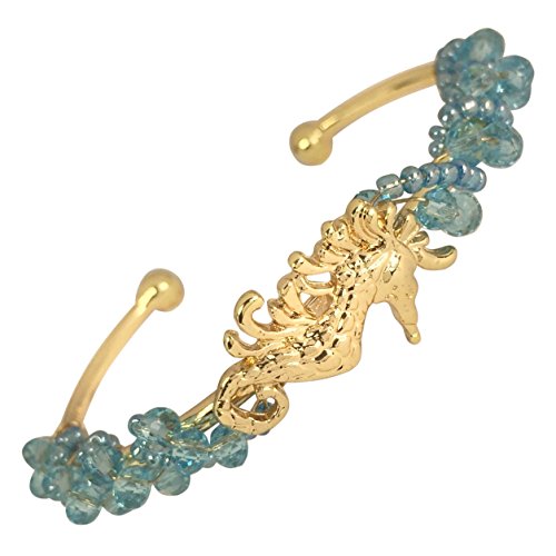 Gypsy Jewels Bead Wrapped Simple Theme Boutique Style Cuff Bracelet (Blue Gold Tone Seahorse)