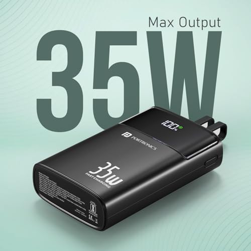 Image of Portronics Titan 35 20000mAh Fast Charging Powerbank with in-Built Type C & 8 Pin Cable, 35W Super Fast Charging, Type C PD Output, Type C Bidirectional Port, LED Display (Black)