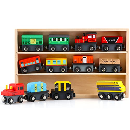 Jacootoys Wooden Magnetic Train Toy Set with Storage Box (12 Pack) Educational Vehicle Cars Engines for Boys & Girls 3 + Years