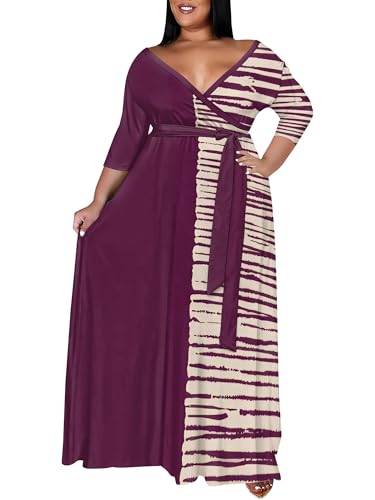 Image of SUZONANA Plus Size Maxi Dresses for Curcy Women Casual Loose 3 /4 Sleeve Long Dress with Belt