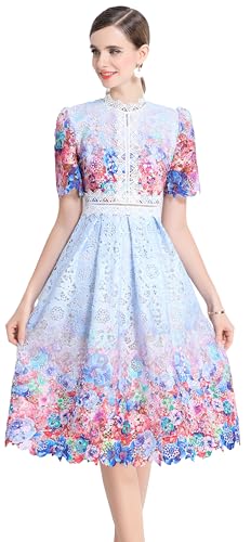 Image of LAI MENG FIVE CATS Women's Lace Floral Short Sleeve Crochet Waist Cocktail Midi Dress