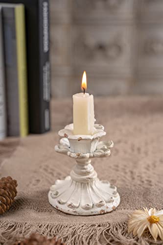 SOFE White Candle Stick Holder Vintage, Flower Candlestick Holder, 3 Inch Resin Taper Candle Holder Small, Short Rustic Candle Centerpieces for Tables, Wedding, Dining, Party