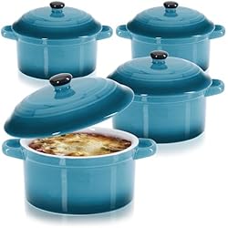 Mini Cacerola Ceramica COM-FOUR® 4x Cacerola con Tapa de cerámica - Cuenco de Postre para crème brûlée - Mini cacerola para ragú y Carne sazonada - Azul, Aprox. 250/175 ml por plato (4 piezas - azul)