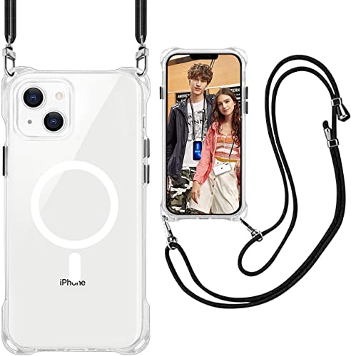 HILEGENER Necklace Hülle mit Mag-Safe für iPhone 14 Pro, Hülle mit justierbarer und Abnehmbarer Kette, Crossbody Transparent Magnet Handyhülle, Magnet Clear Cover-iPhone14Pro